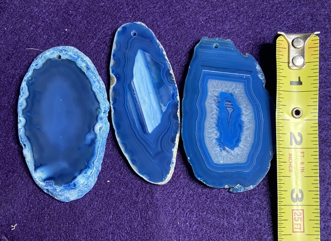 5 Blue Brazilian Agate Pendants 3″x 1″ Slices / Drilled Jewelry Making / Geode