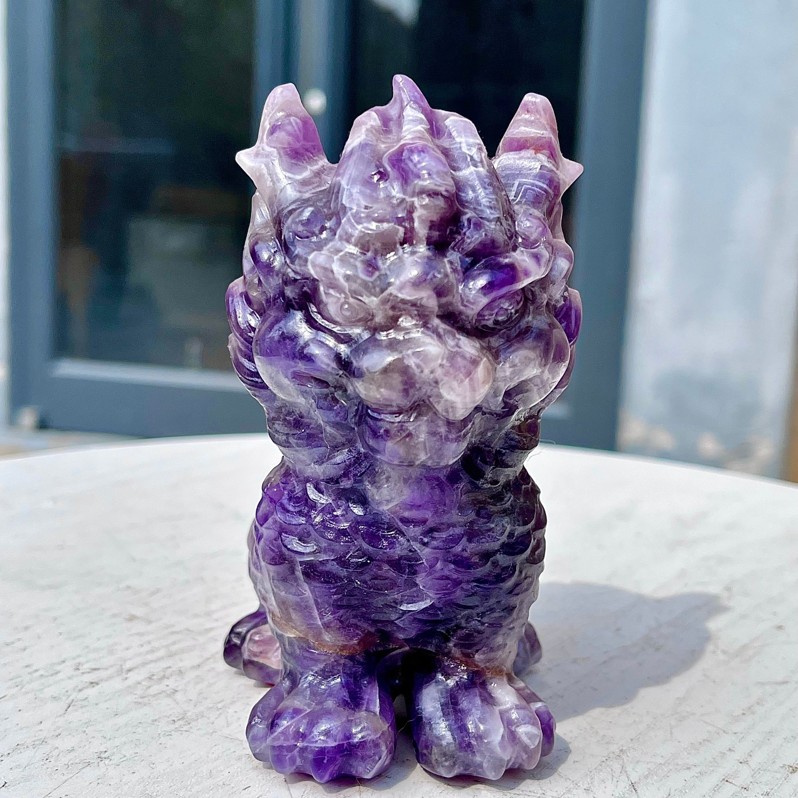 1.49LB Natural dreamy amethyst lion hand carved skull healing