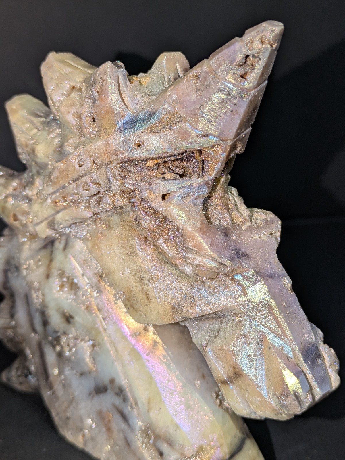 Aura Sphalerite Crystal Unicorn Carving Shiny Blue Purple Pink Gold With Druzies