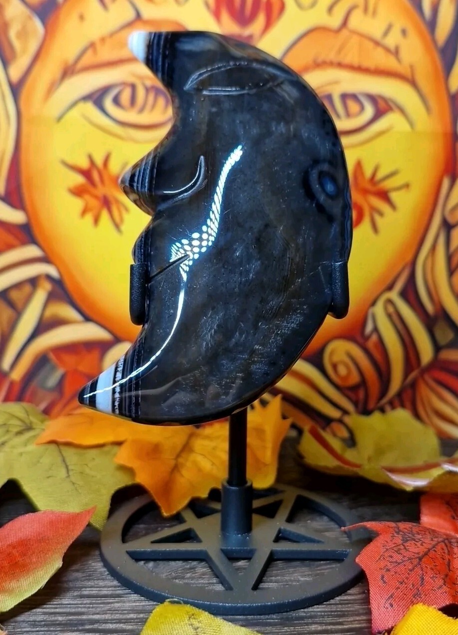 Pretty Black Agate Crystal Moon Face 110mm 137g & Stand