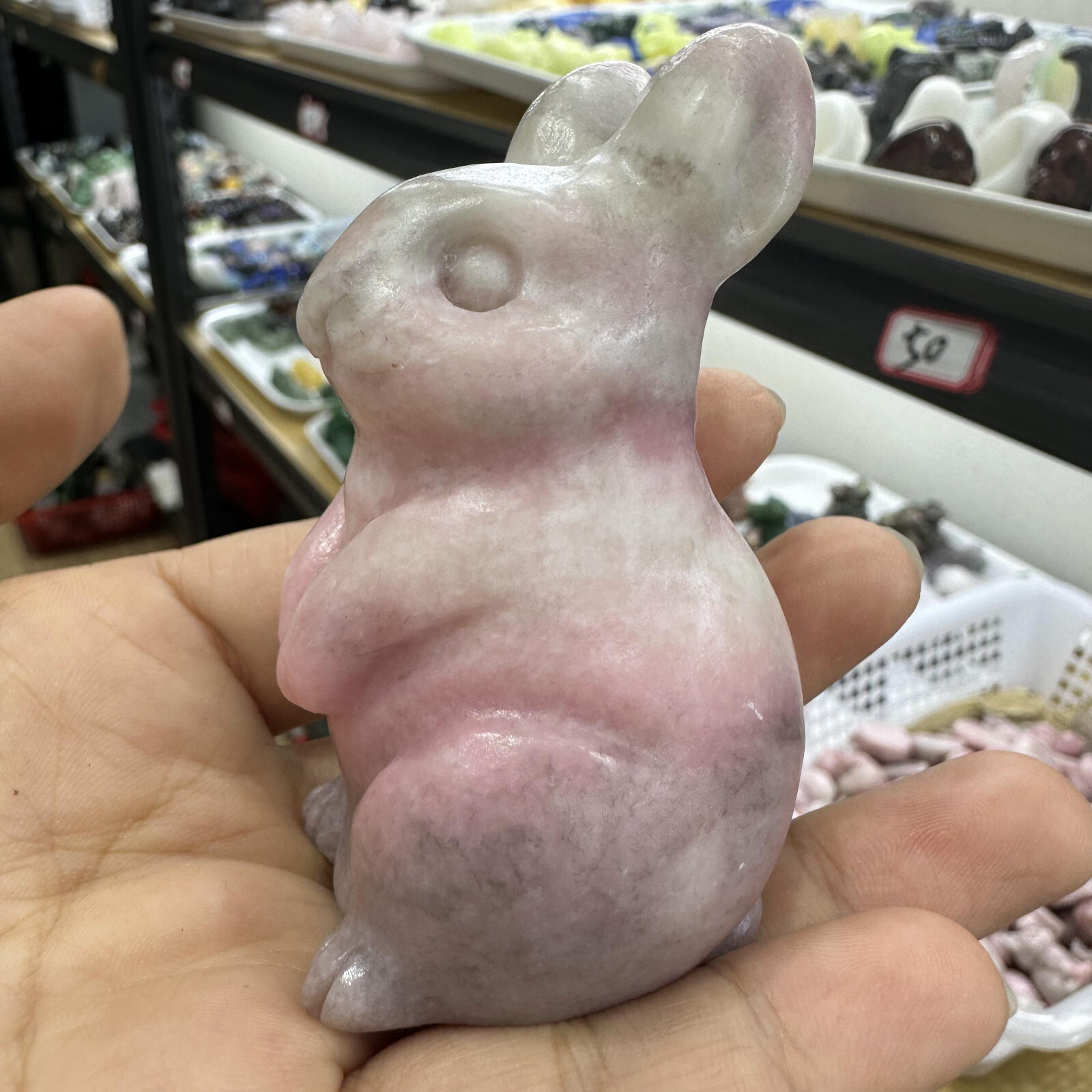 1pc natural Pink opal quartz crystal handmade rabbit skull healing gift decor