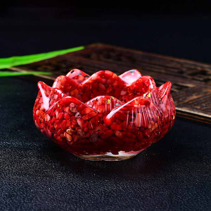 Natural Red Jasper Quartz Crystal Gravel Lotus Degaussing Bowl Epoxy Resin Decor
