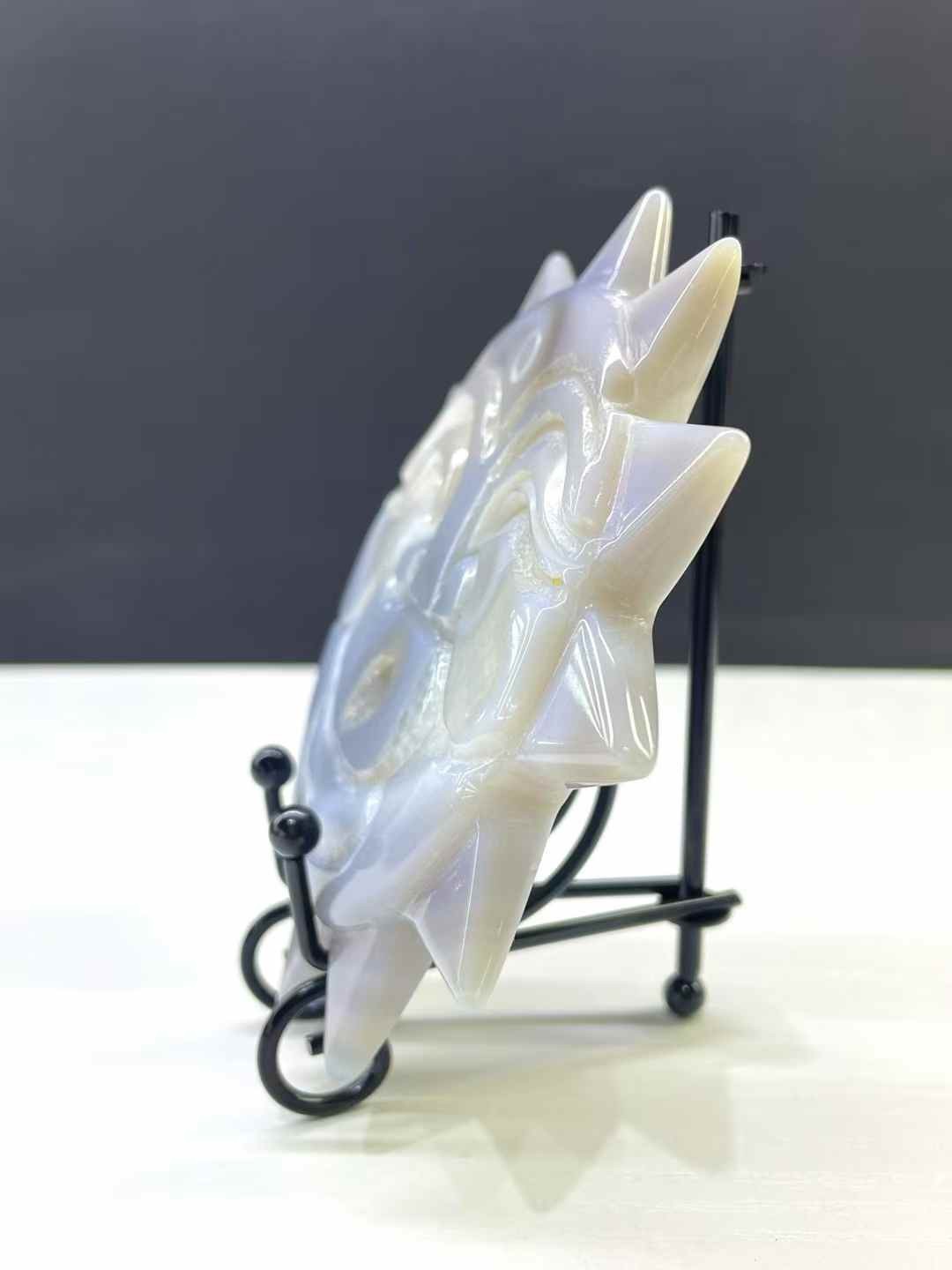 1pc Natural Geode Agate Quartz Carved Sun Crystal Skull Reiki Decor Gift+Stand
