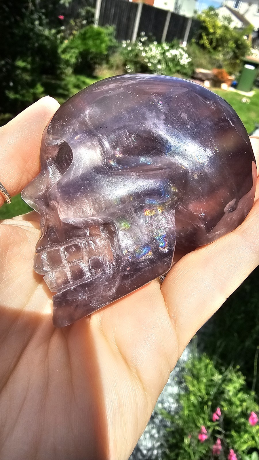 Rainbow purple Fluorite Skull Crystal Carving 369g Purple 7.5 x 6 x4.8cm