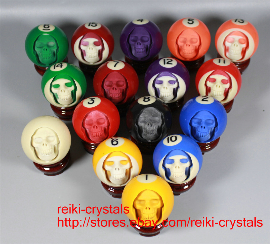 Hand Carved Head Human Skull in Billiard Pool Ball 1 Set of 16/ Stands 52mm