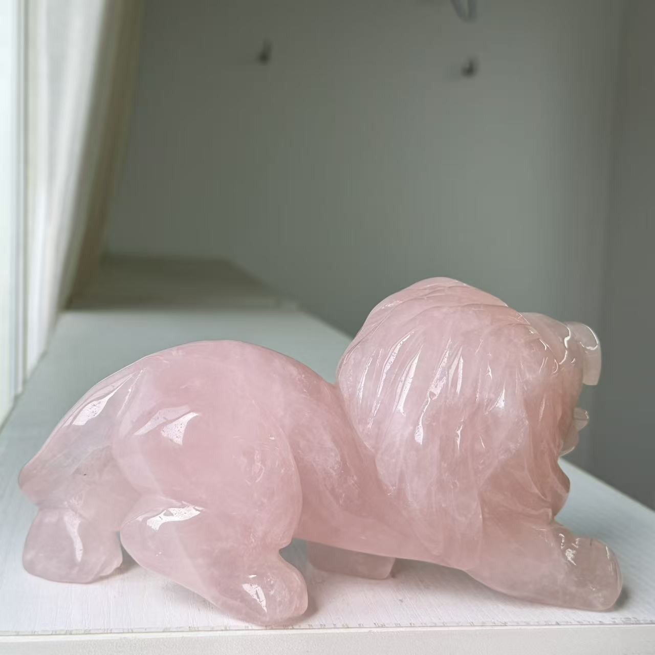 3.74LB Large Natural Rose Quartz Lion Statue Crystal Carving Home Decor FengShui