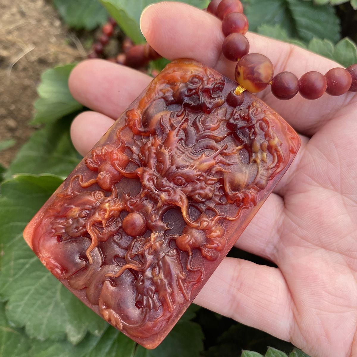 Artificial Wood Red Finish Forest Carved Dragon Pendant Style Chinese Amulet