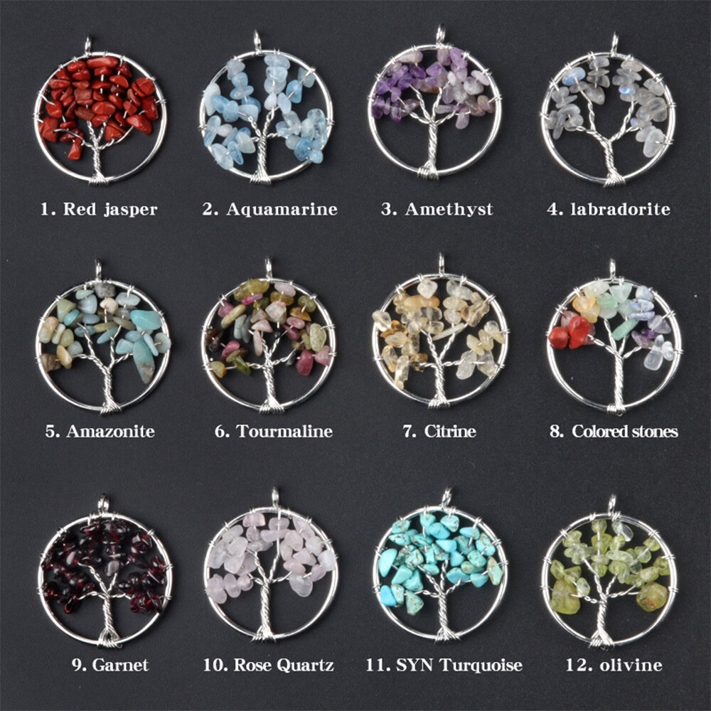 Natural Crystal Quartz Tree of Life Wire Wrapped Stone Pendant Necklace Healing