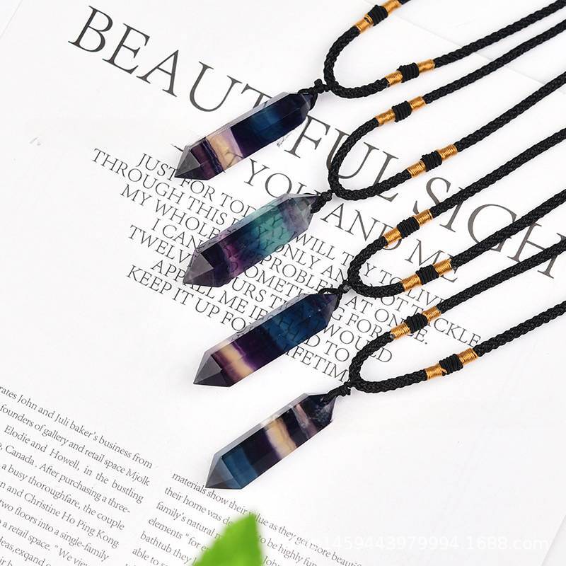 Natural Rainbow Fluorite Quartz Crystal Pendant Reiki Healing Gemstone Necklace