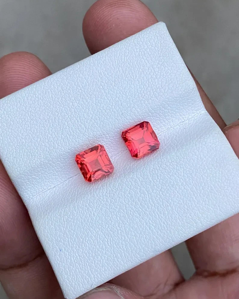Lab Grown Orange Sapphire Earrings Set, 4 Carat Asscher Cut Pair Stone Set .