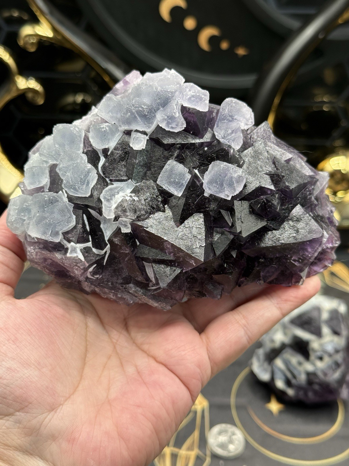Natural Zhejiang octahedron purple fluorite specimenCrazy Uv Free ship & Gift