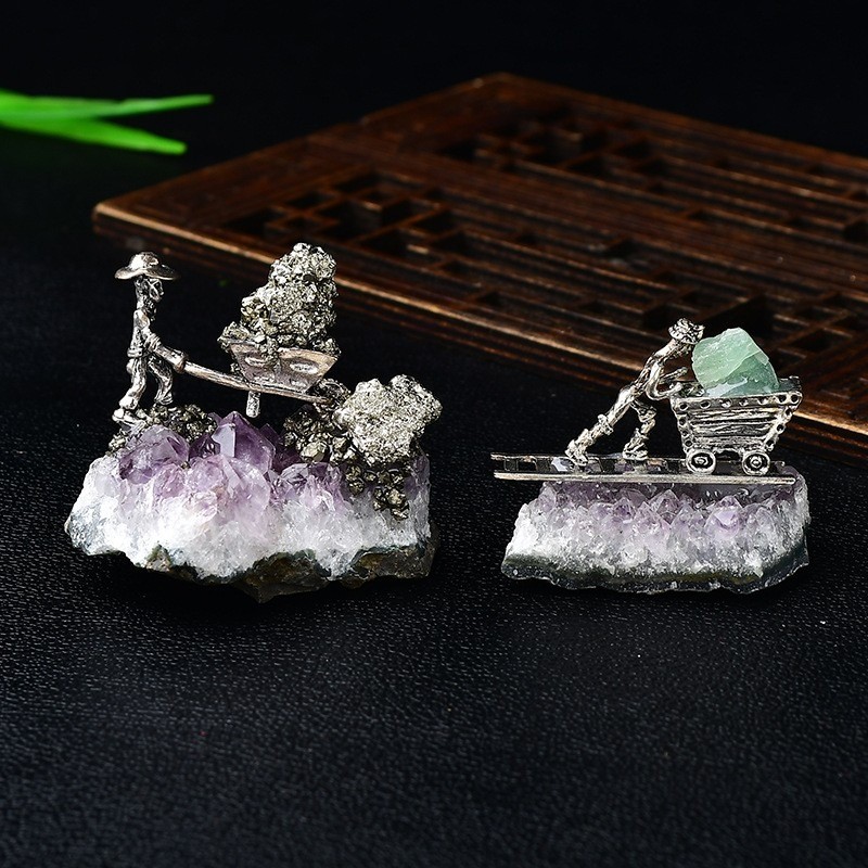 Natural Amethyst Cluster with Alloy Miner Figurine Home Decor Ornament 1PCS