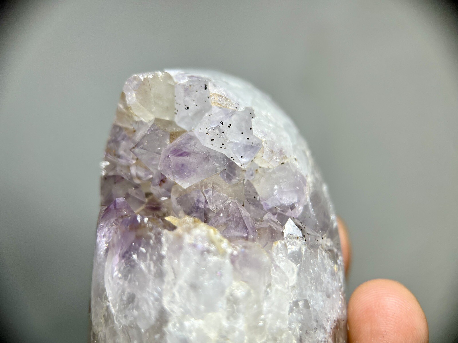 Natural cute light purple amethyst geode crystal, hematite inclusion & rainbows