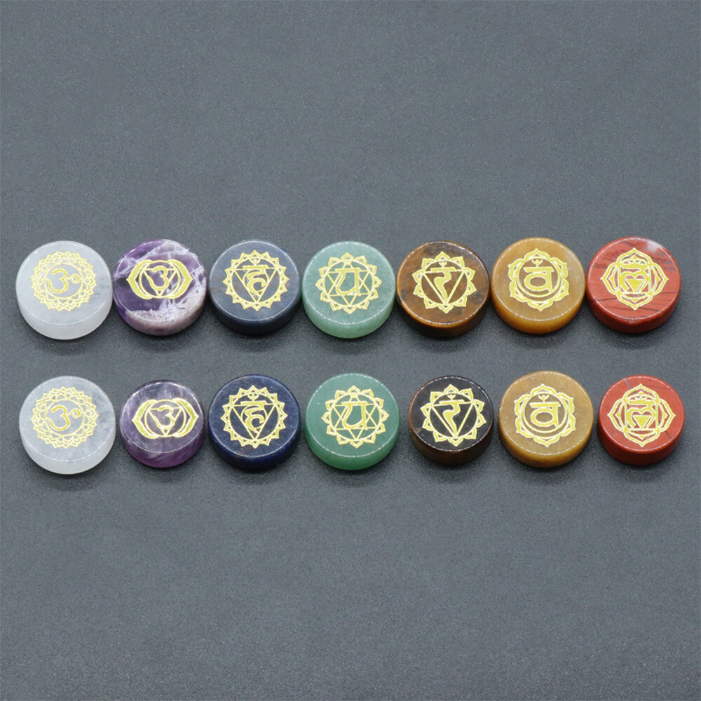7x Natural Round Palm Stones Reiki Healing Crystal Engraved Chakra Yoga Symbols