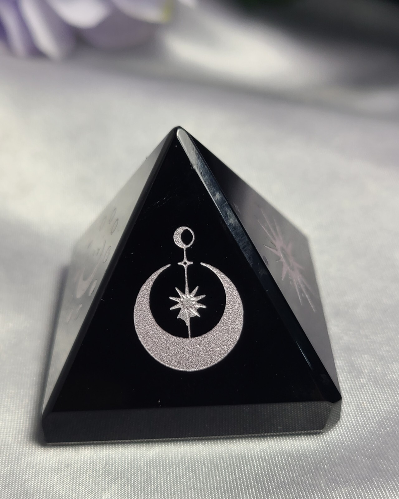 1.7″ Black Obsidian Sphere Crystal Pyramid Silver Engraved Moon & Stars Wiccan