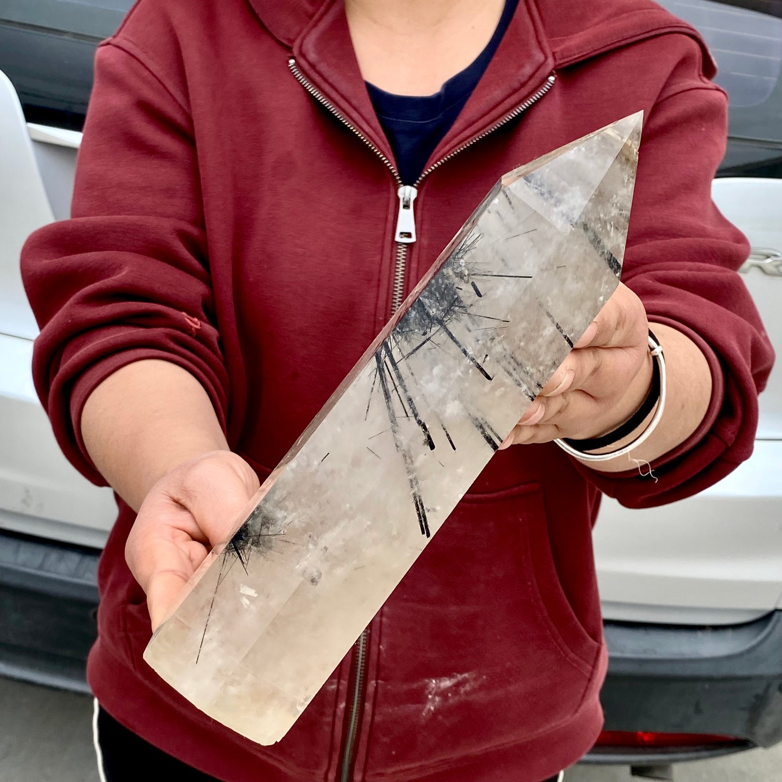 3.5LB Natural Black Hair Quartz Obelisk Crystal Energy Point Wand Reiki Decor