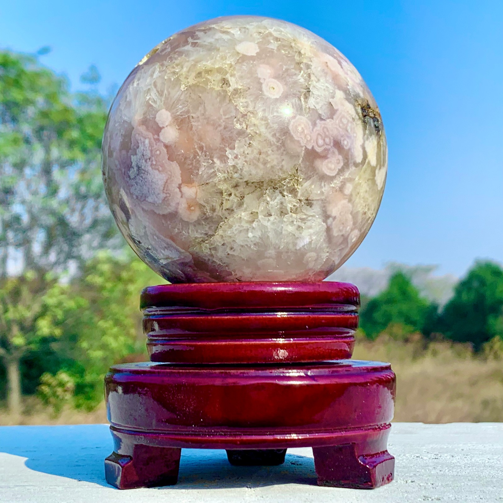 1.92LB Natural Pink Cherry Blossom Agate Geode Quartz Sphere Crystal Energy Ball