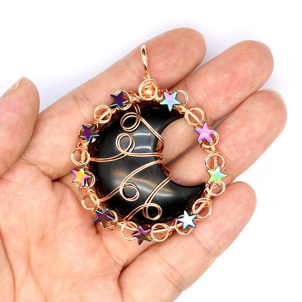 Natural Wire Wrap Crystal Moon Star Pendant Stone Quartz Jewelry Healing Reiki