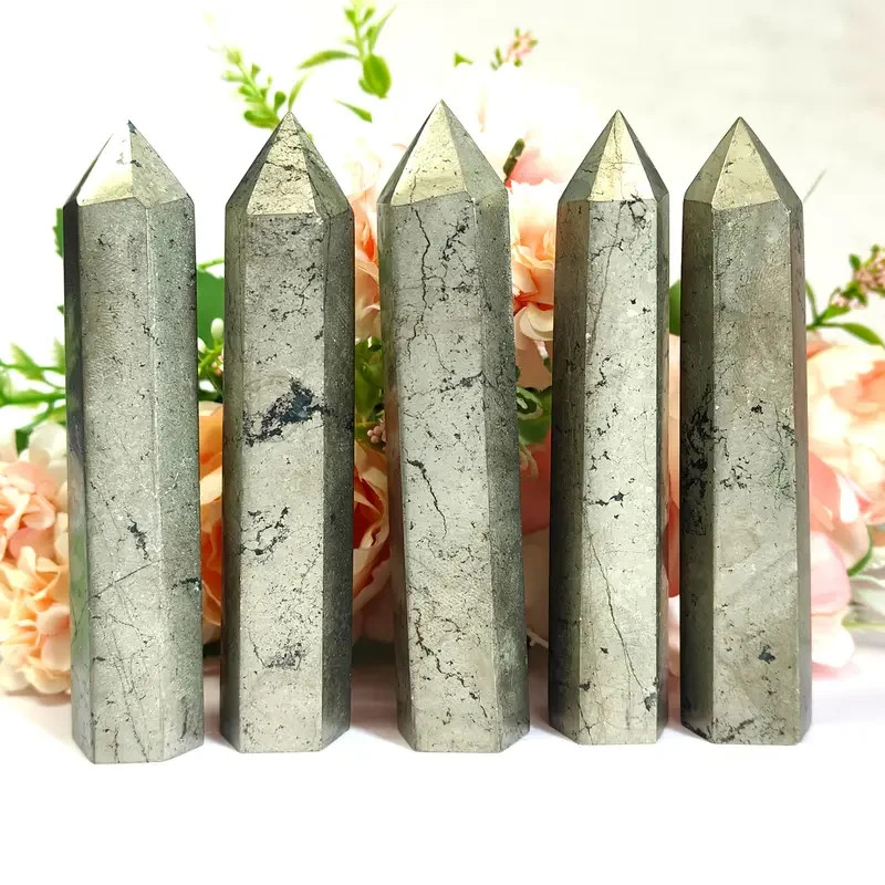 Natural Pyrite Crystal Tower Point Wand Reiki Obelisk Healing Home Decor Gifts