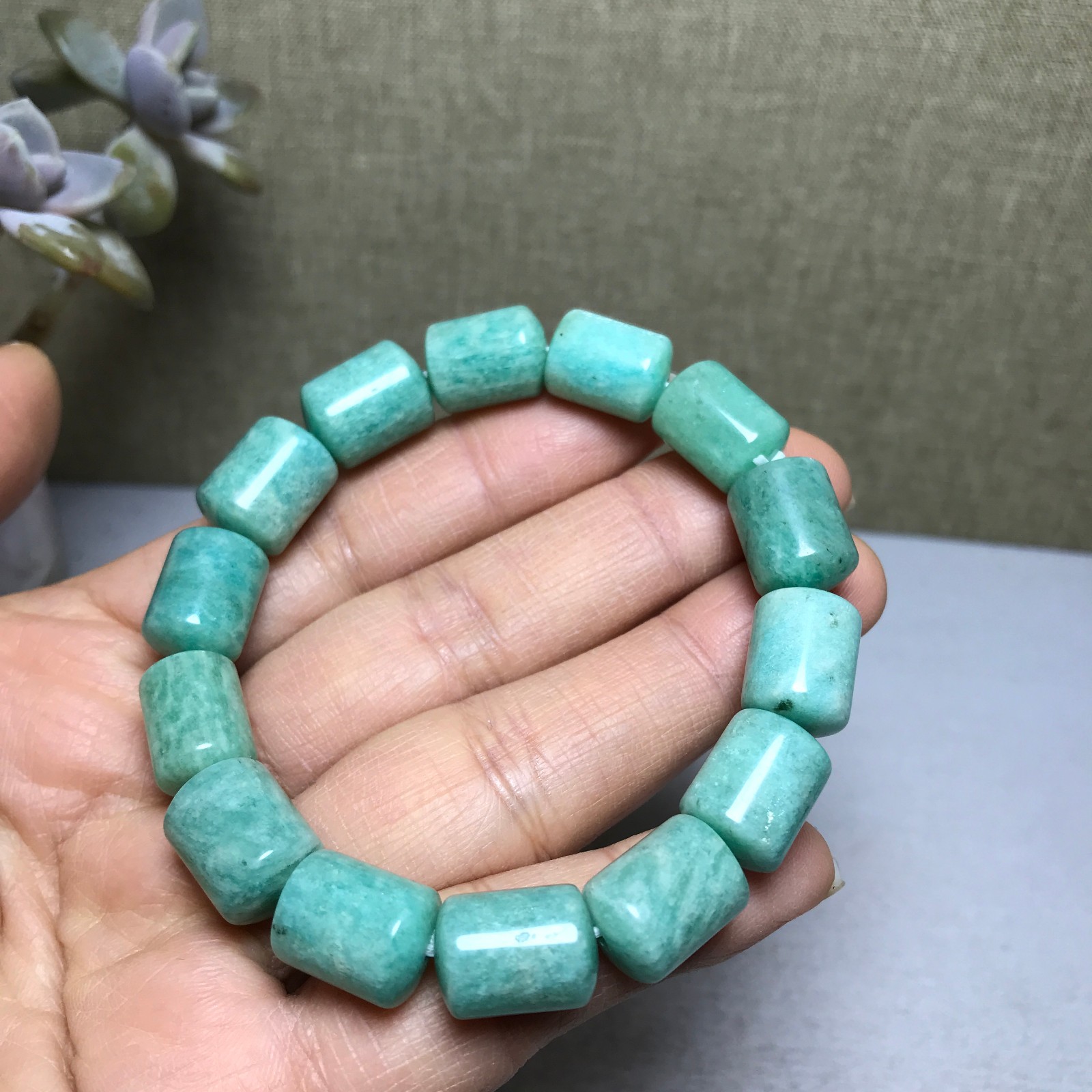 Rare Natural amazonite gemstone Crystal chain barrel beads bracelet 37g A3011