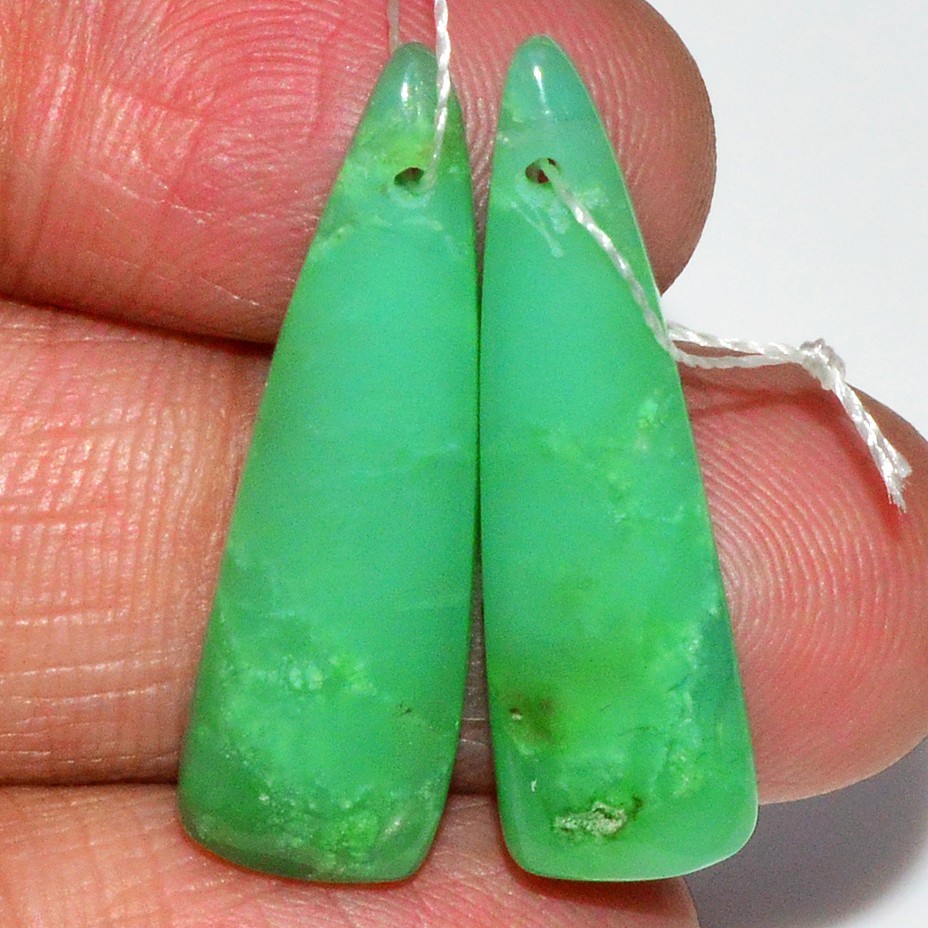 18Cts Natural Chrysoprase Gemstone Cabochon Front Drill Earrings 25x5mm #P2603