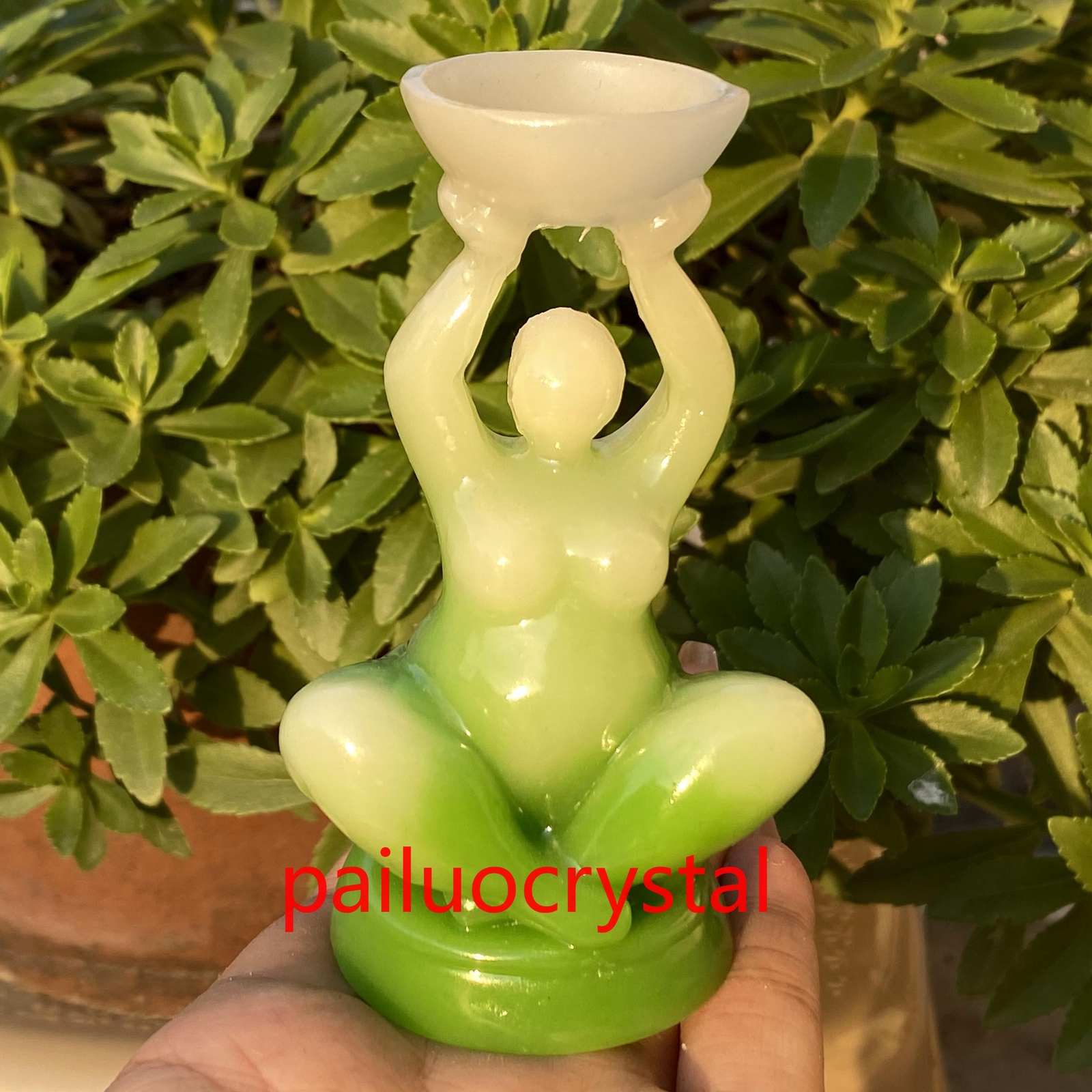 4″ Green Luminous Stone +resin Women Quartz Crystal Skull Goddess Base 1pc