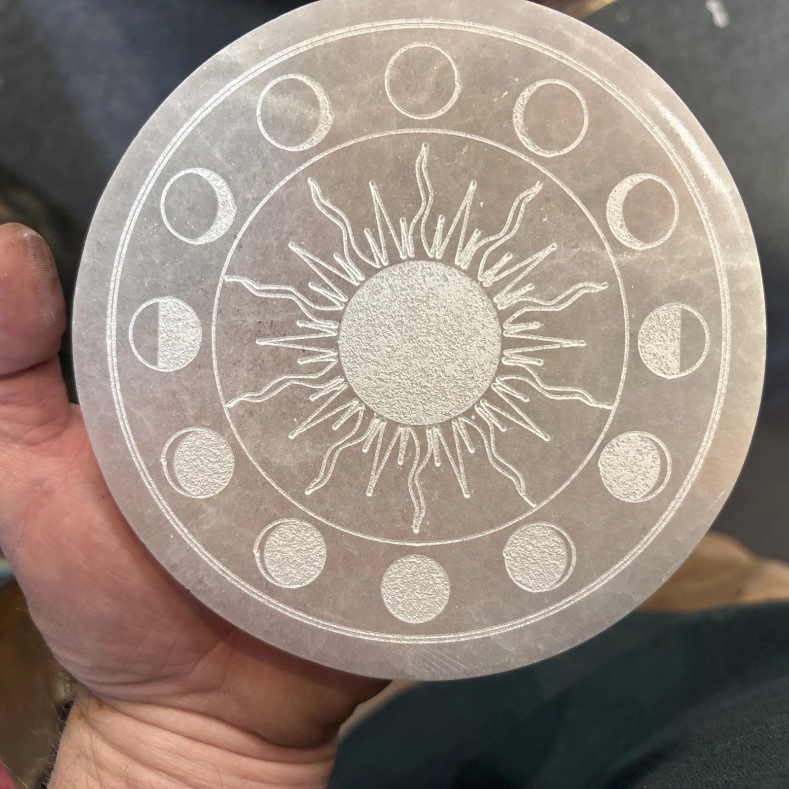 5 1/2” Selenite Charging Plate/Grid With Sun And Moon Phases