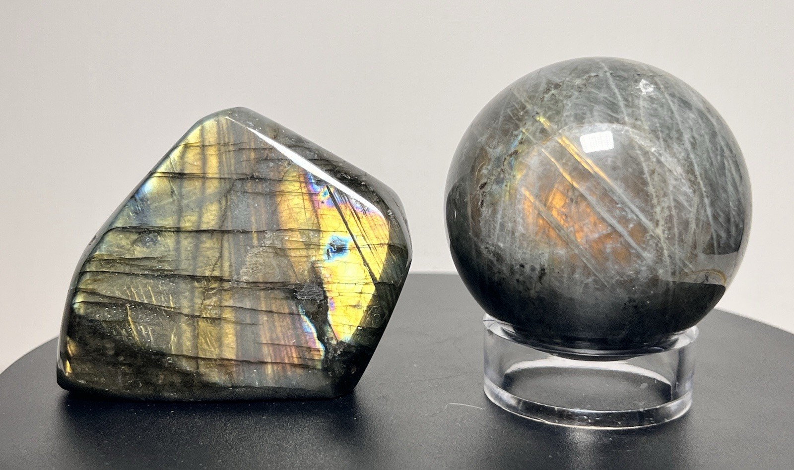 Labradorite 2 Piece Set w/Flash – Freeform & Sphere (63mm) w/holder