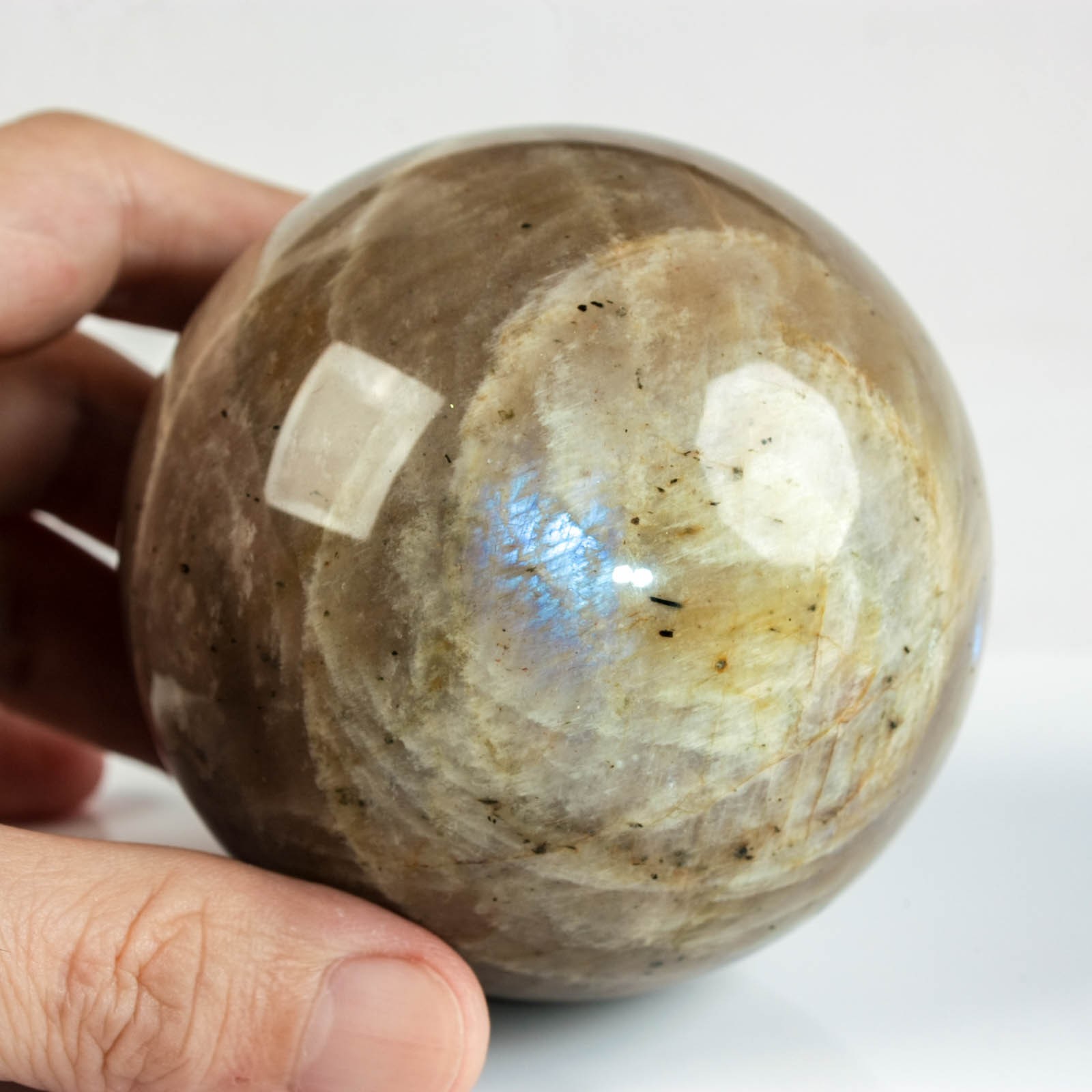 3.1″ 1.43LBS Moonstone Sphere Natural Blue Flash Crystal Ball Mineral Specimen