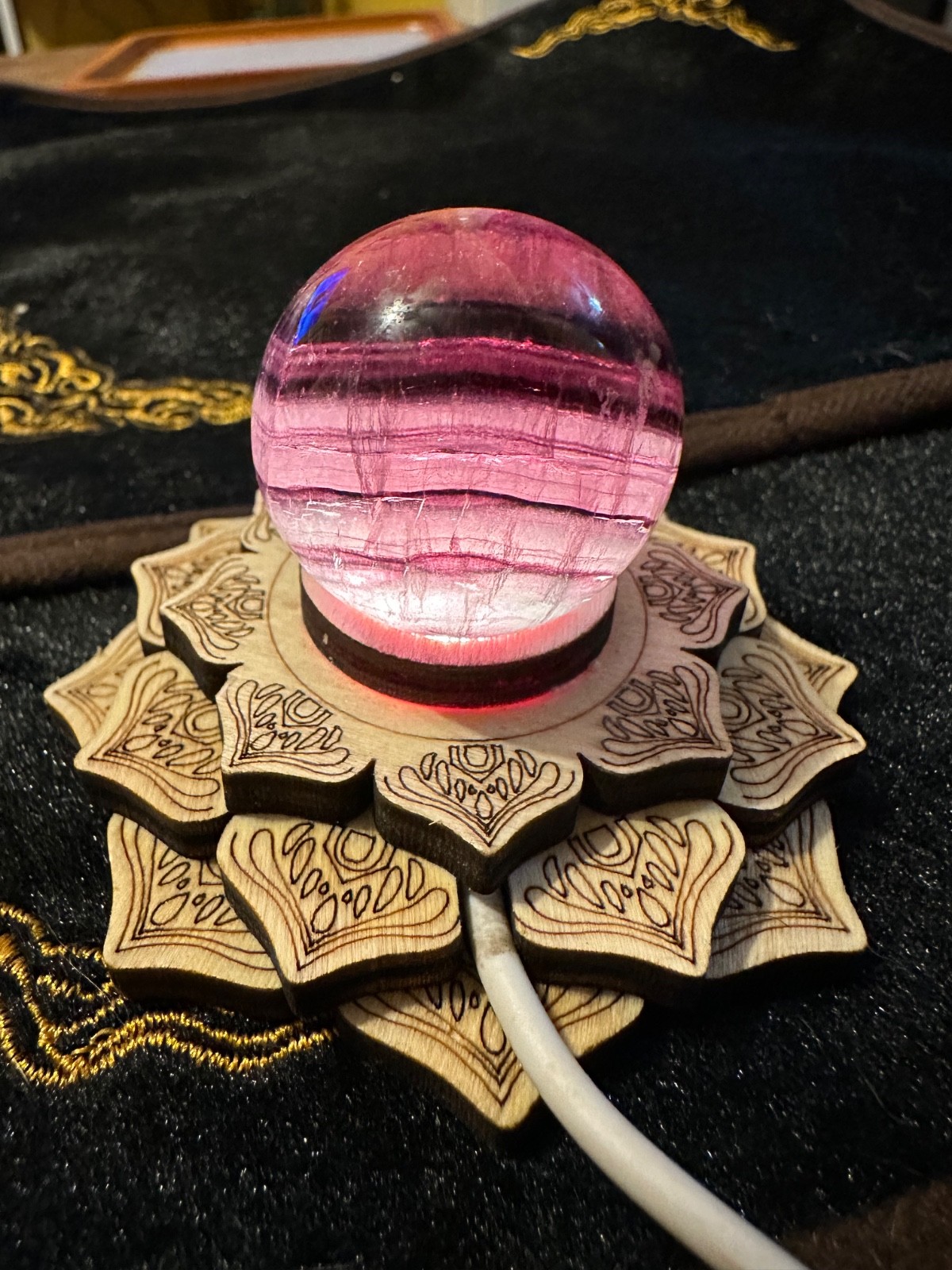 Banded purple fluorite sphere with USB multicolor light stand Free shipping