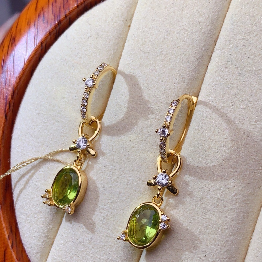 Natural Peridot Drop Earrings S925 Silver Plated 18K Gold Gemstone Jewelry Gift