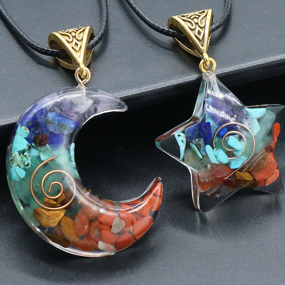 Natural 7 Chakra Healing Crystal Tumbled Stone Set Moon Star Pendant W/ Gift Box