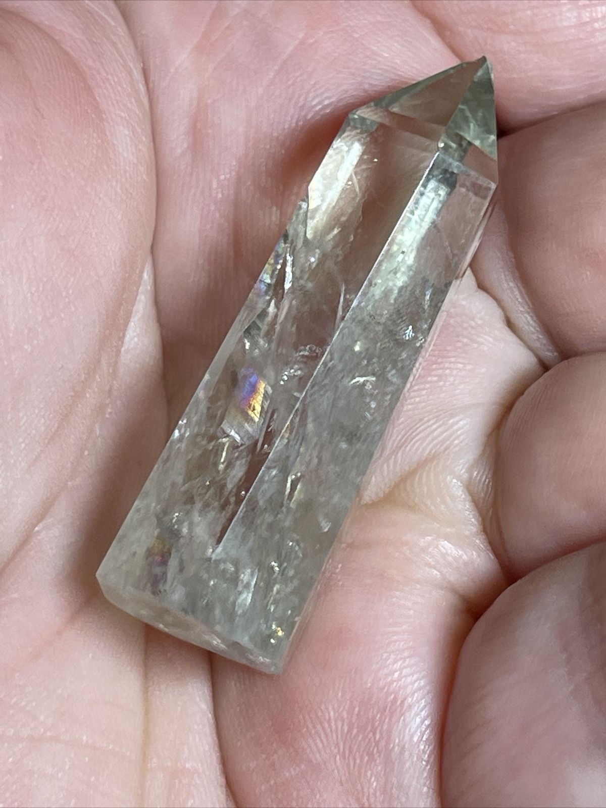 Prasiolite Green Amethyst Tower Point with Rainbows 1.58in Tall 9g