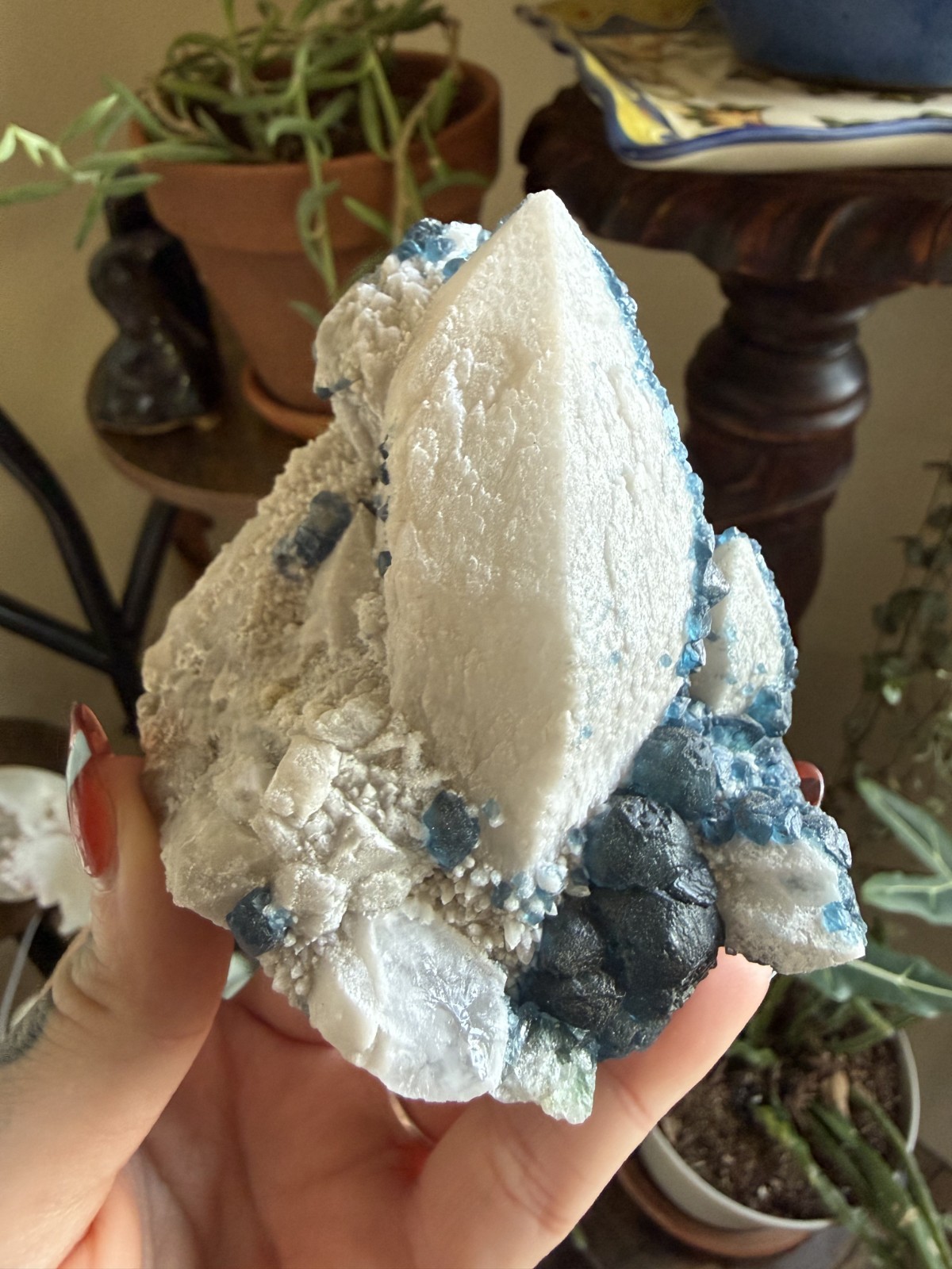 Irradiated Blue Fluorite Crystal in White Candle Quartz – 10.58 oz