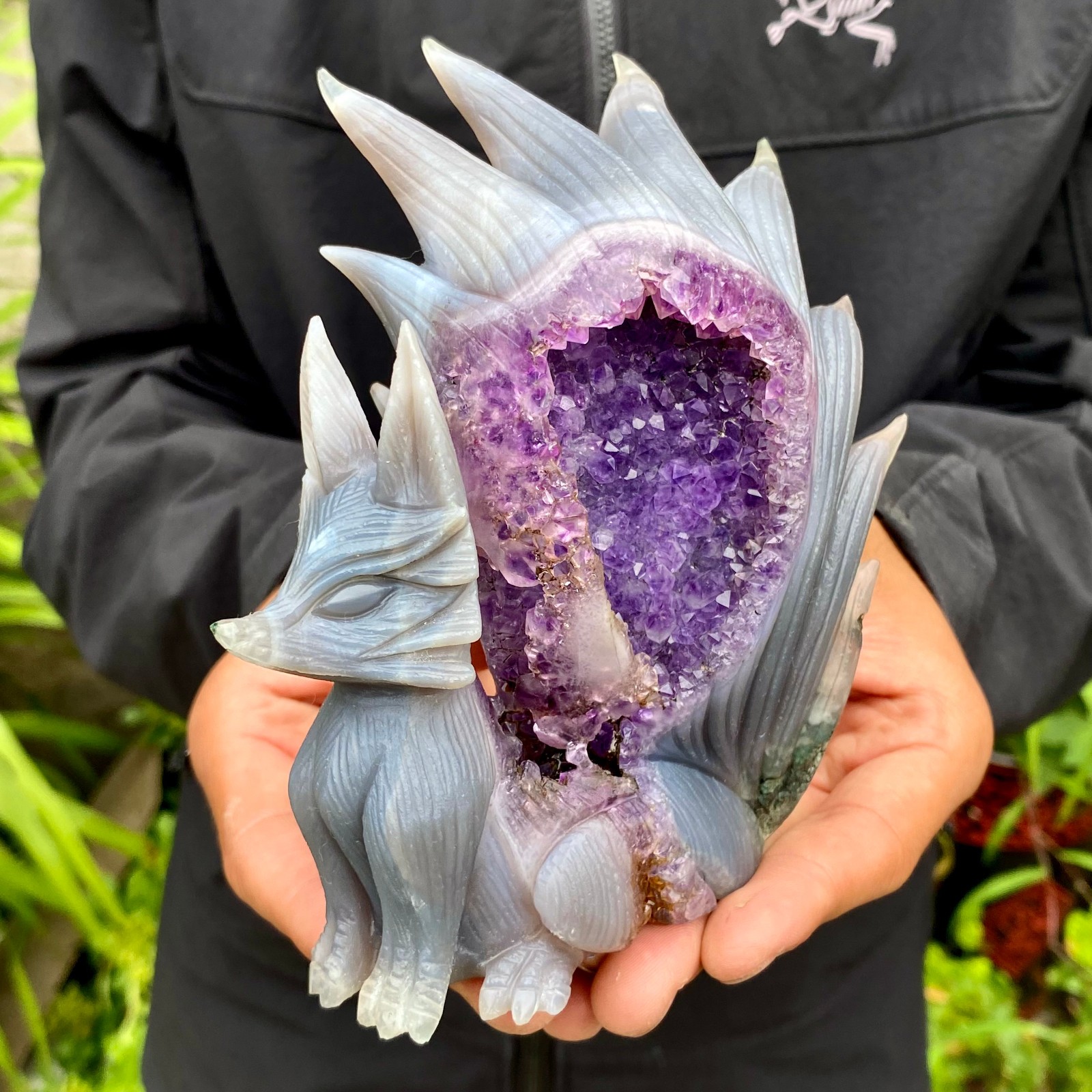 1.49LB Natural Agate Geode Hand Carved Nine-tailed Fox Quartz Crystal Decor
