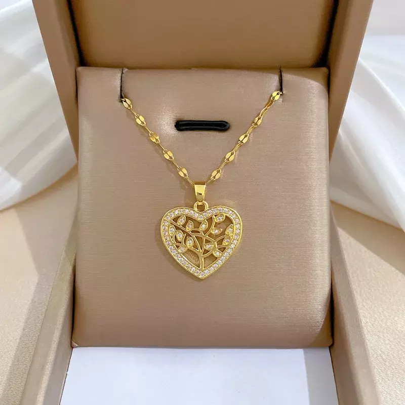 Women Fashion Jewelry Cubic Zircon Gold Tree Of Life Heart Pendant Necklace 1PC