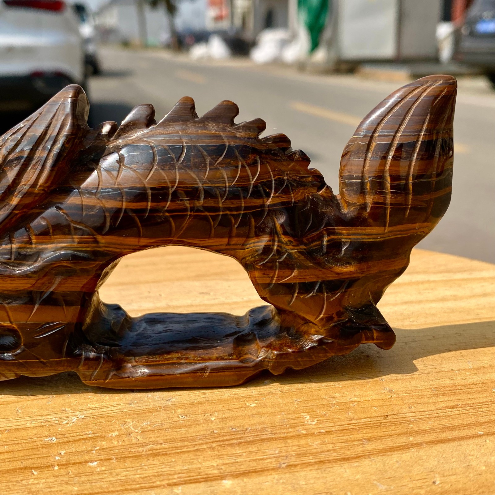 495G Natural Tiger Eye Hand Carved Dragon Figurine Crystal Healing Stone