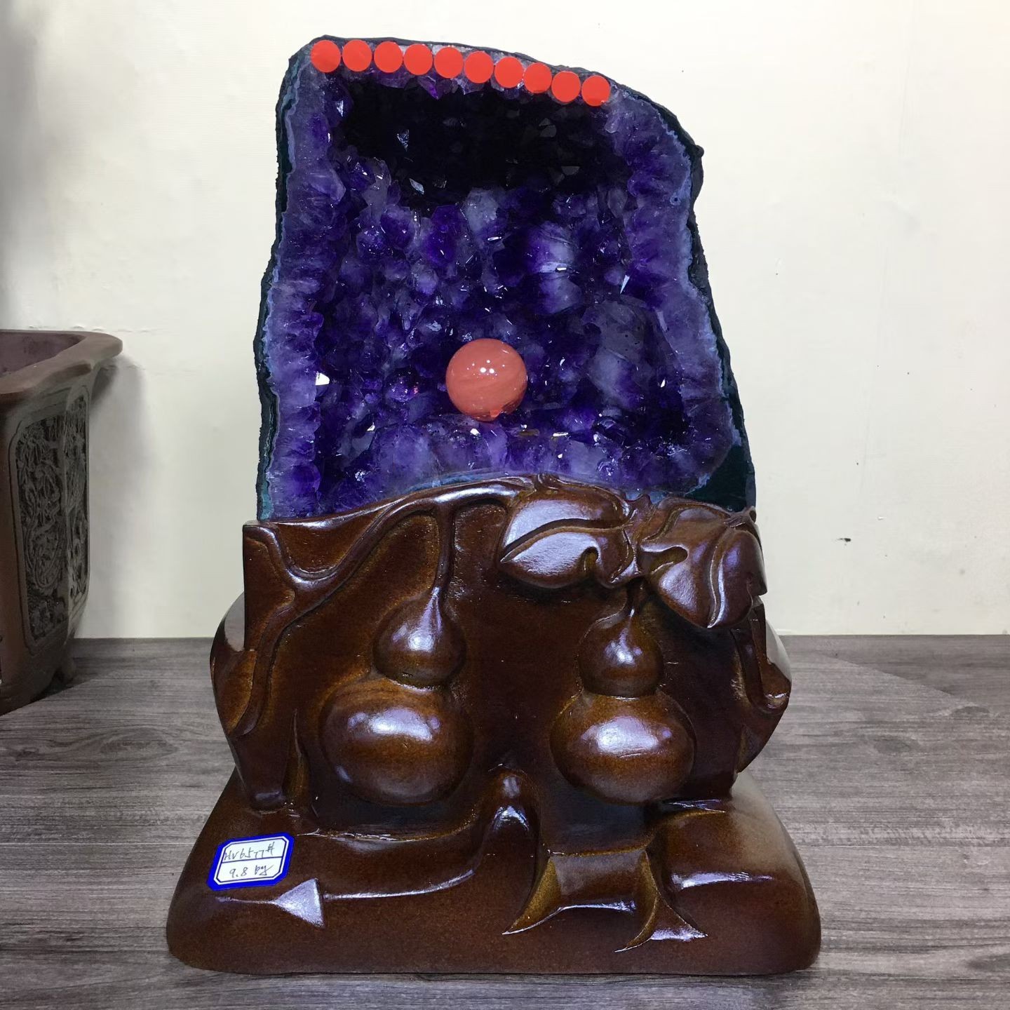 21.56LB Top Natural Amethyst Geode Quartz Crystal Cathedral Healing Decor +Stand