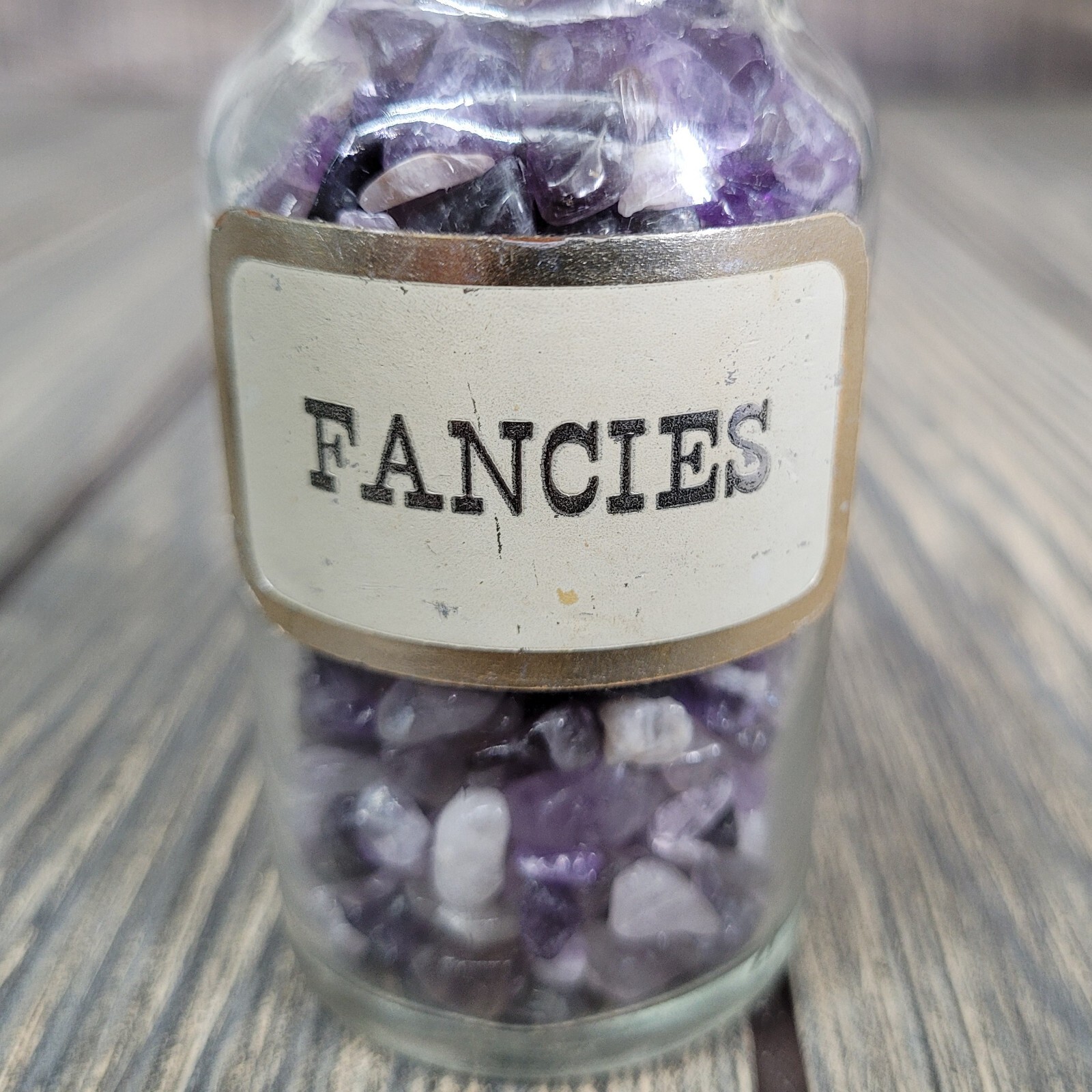 4oz Amethyst Crystal Chips in Apothecary Vintage Glass Jar “Fancies” Wagner