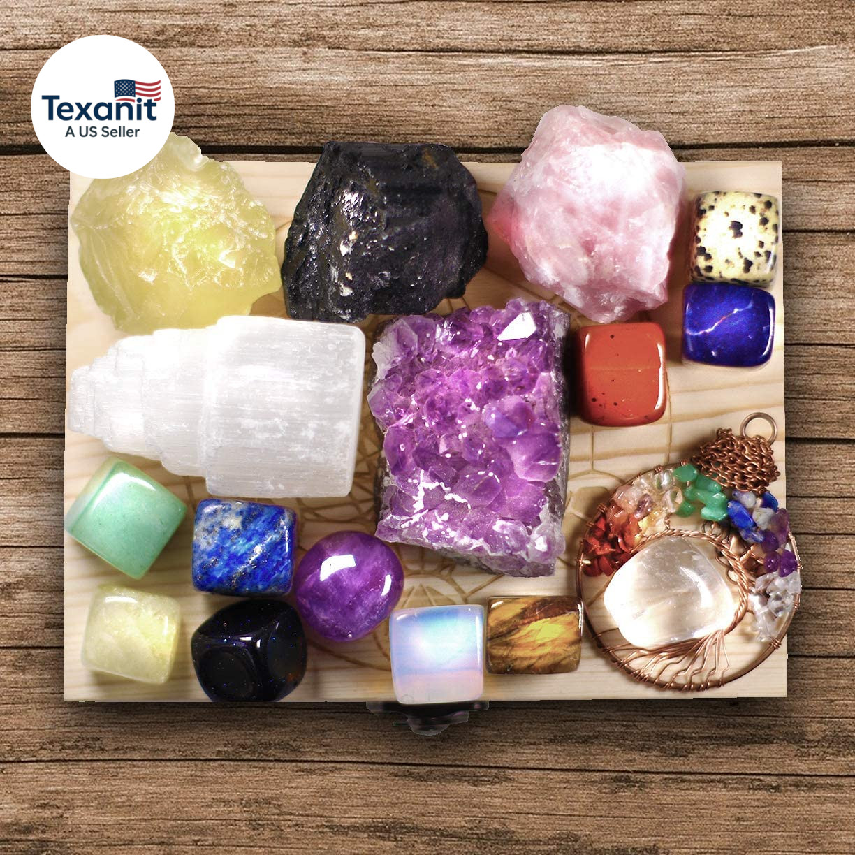 16 LARGE Natural Healing Crystals Set in Wooden Box – Tumbled, Rough & Raw Cryst