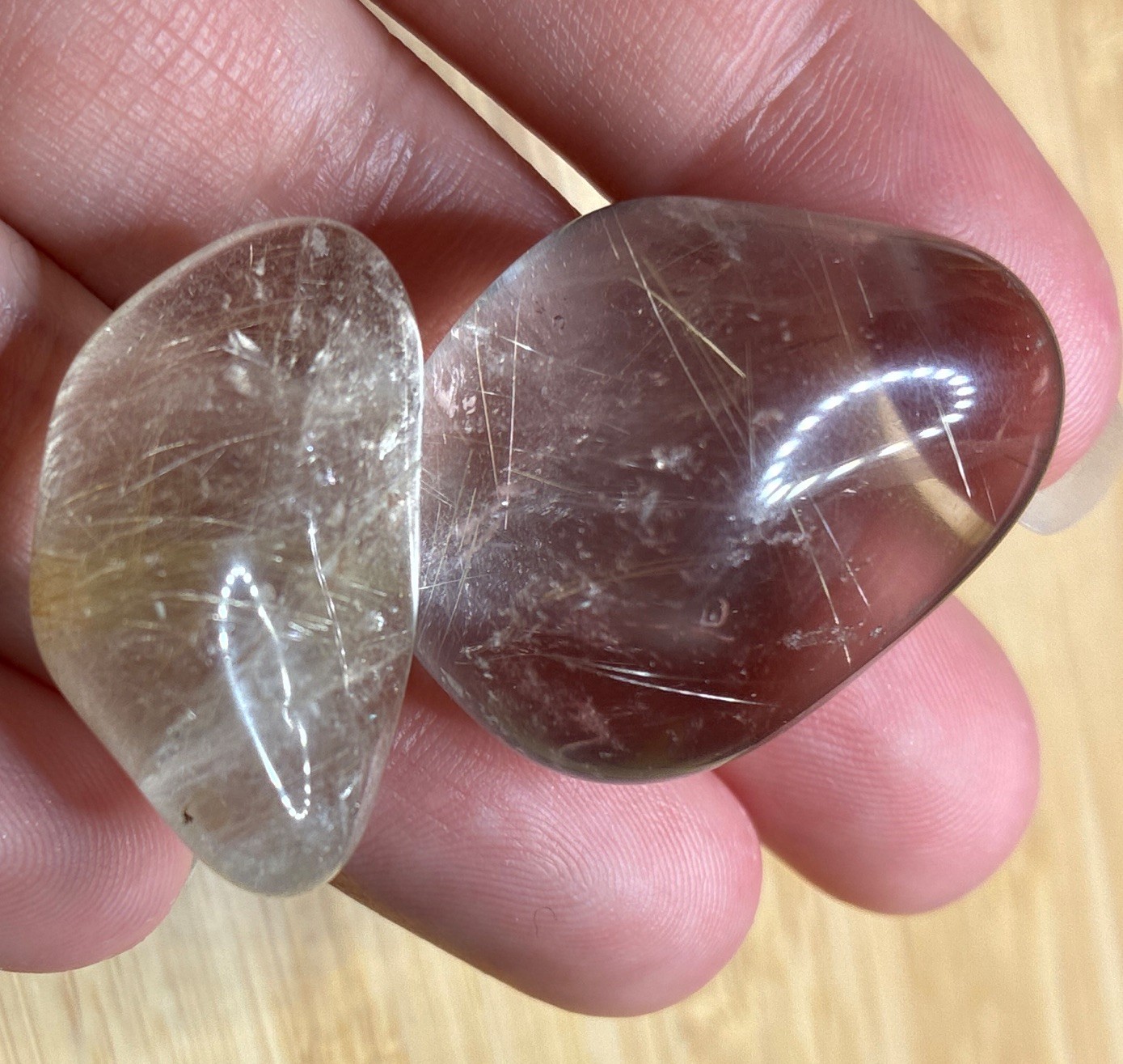 2pc Natural Clear Quartz w/ Gold Rutile, Polished Loose Gemstone Tumble Crystals