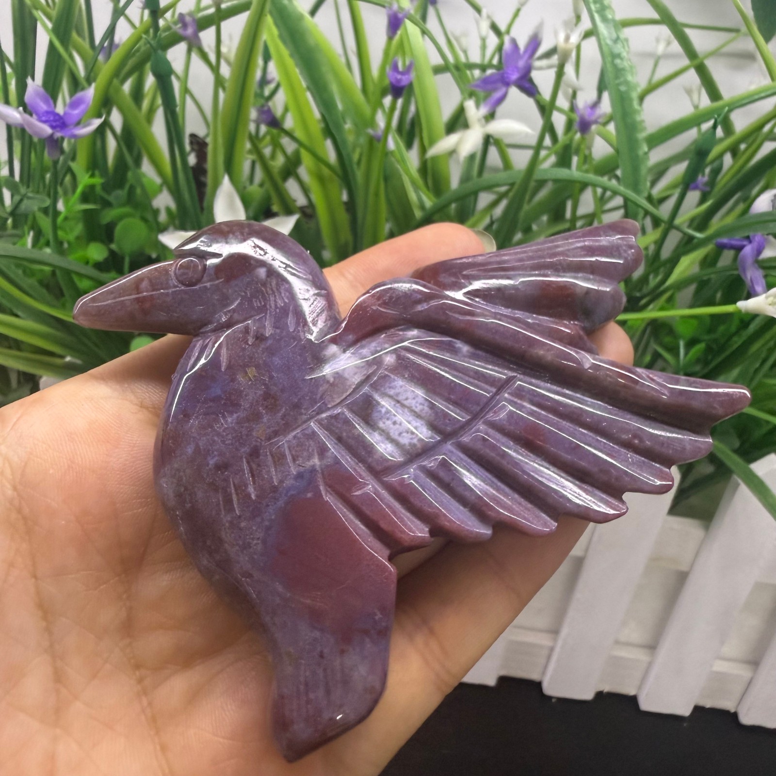 3.7″ natural ocean jasper Hummingbird Carved Reiki Crystal Skull Decor heal Gift