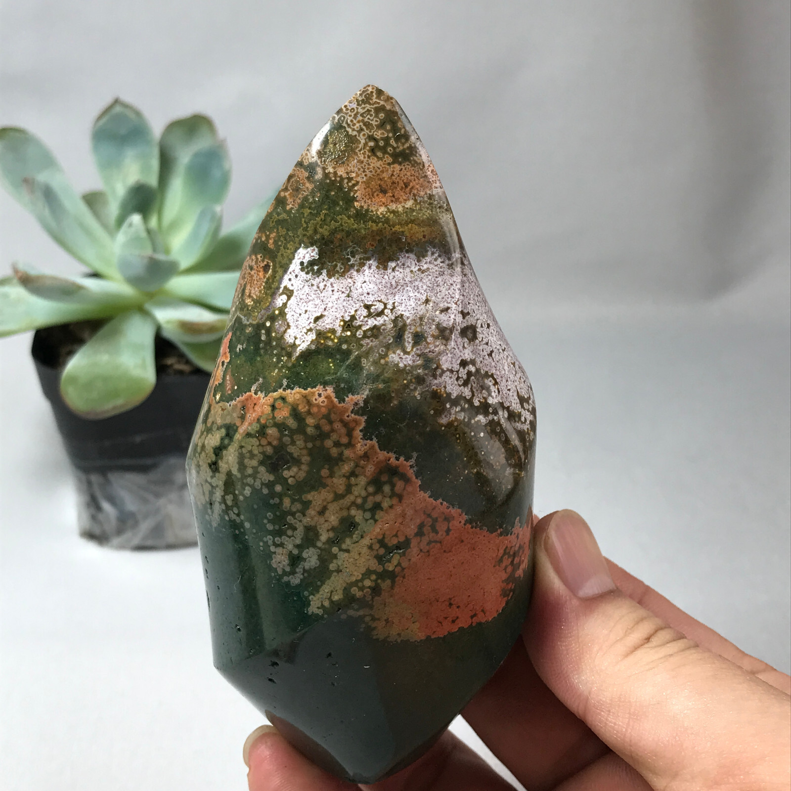 Natural Ocean Jasper torch Hand carve polish Crystal free standing 362g g6632