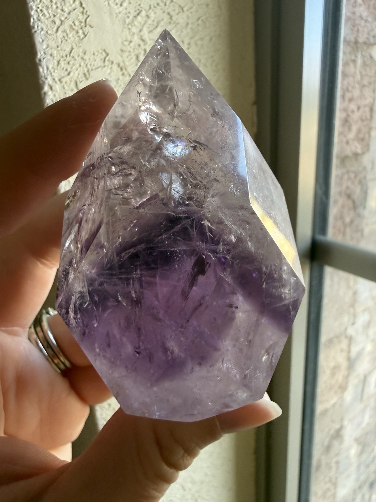 9.1oz High Quality Phantom Amethyst Faceted Drop Crystal Freeform With Rainbows
