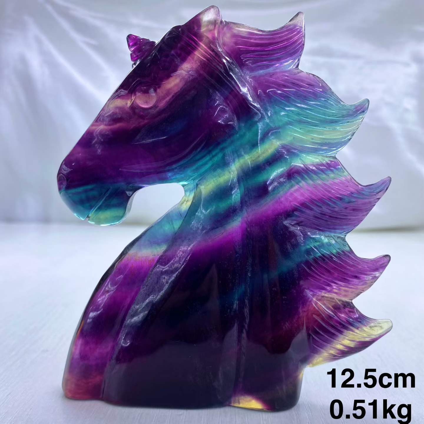 530g Natural Color Fluorite Quartz Carved Unicorn Skull Crystal Reiki Decor