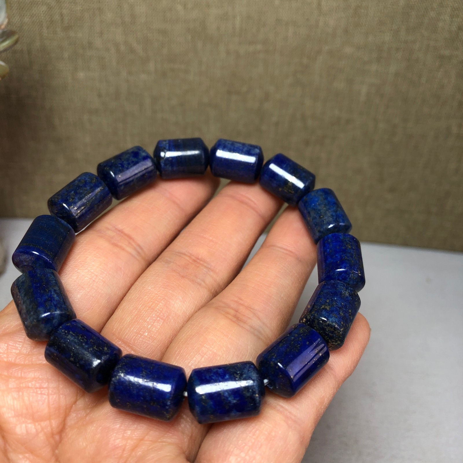 Natural lapis lazuli Bracelet Brown Gemstone Stretch Bucket bead Handmade A3703