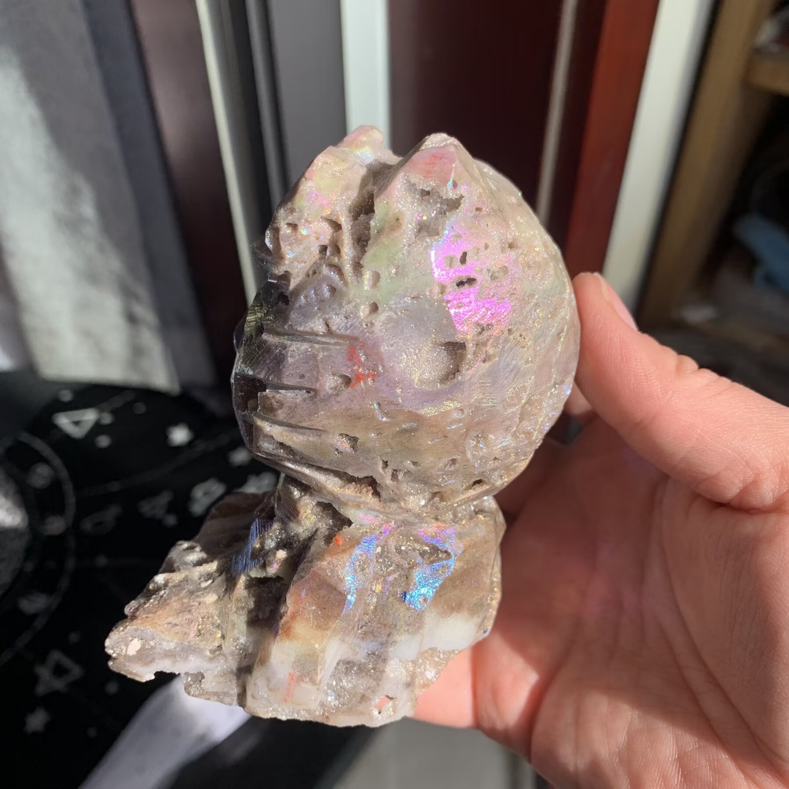 567g Angel Aura Druzy Sphalerite Hello Kitty Cat Rainbow Energy Crystal Art Deco