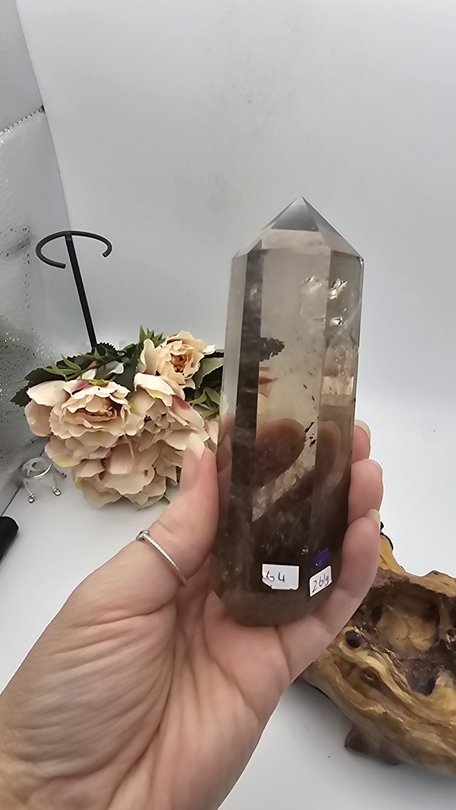A Grade Smokey Quartz Freeform On Wood Root Base Point 261g 15.5cm smoky