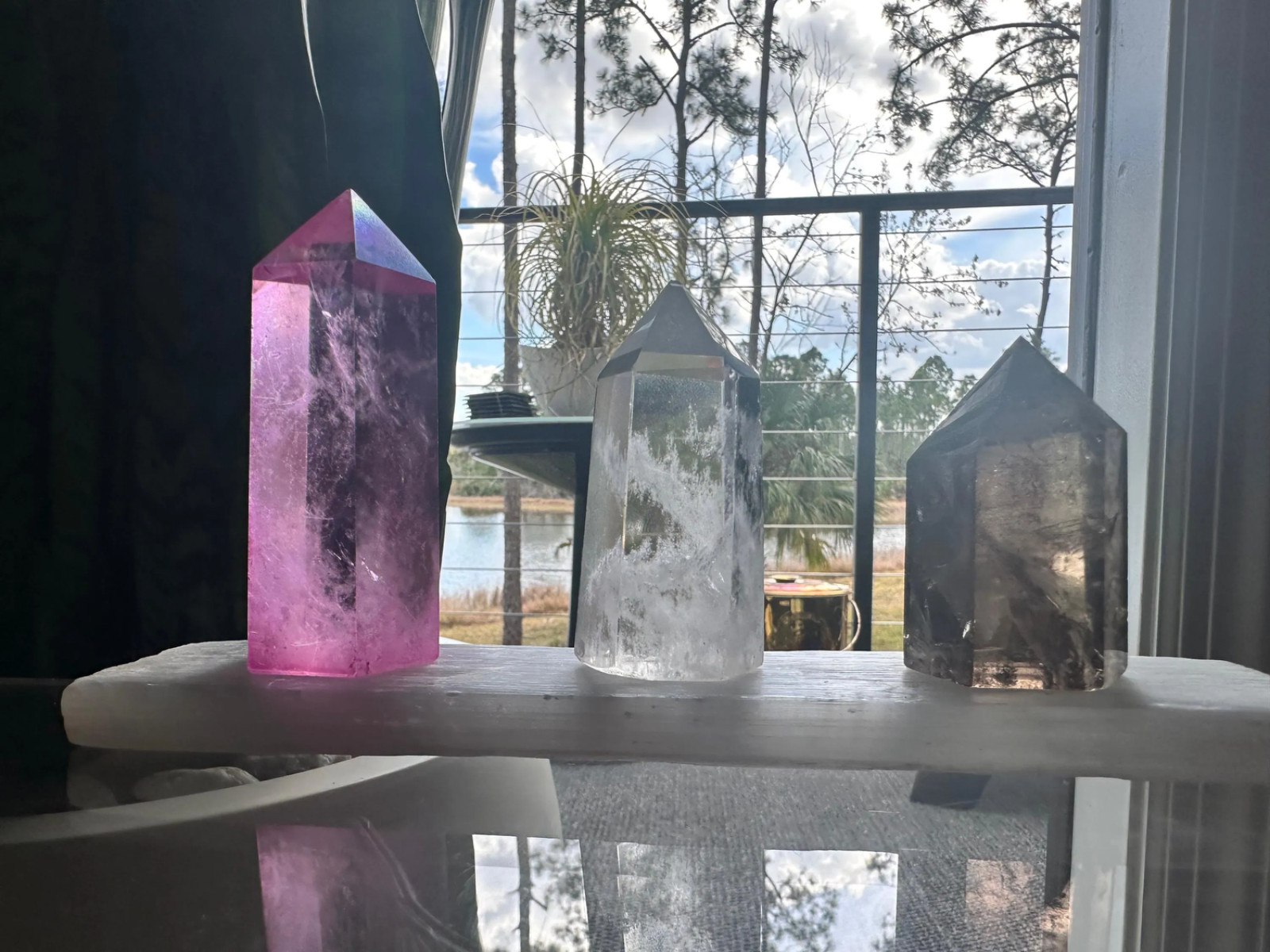Desk Crystal Set: Selenite, Clear, Smoky, Pink Aura Quartz Towers