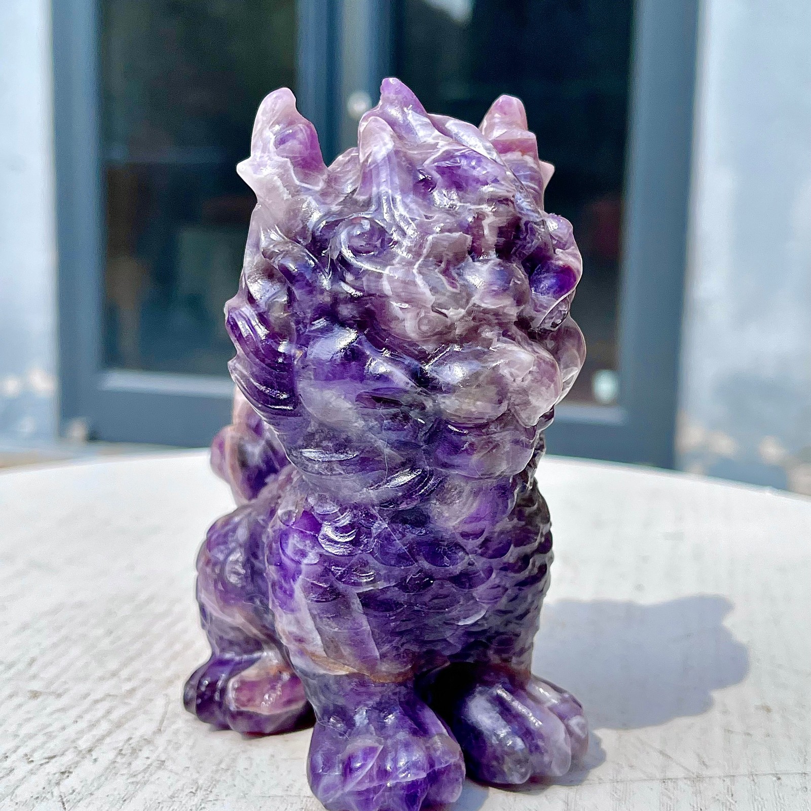 1.49LB Natural dreamy amethyst lion hand carved skull healing
